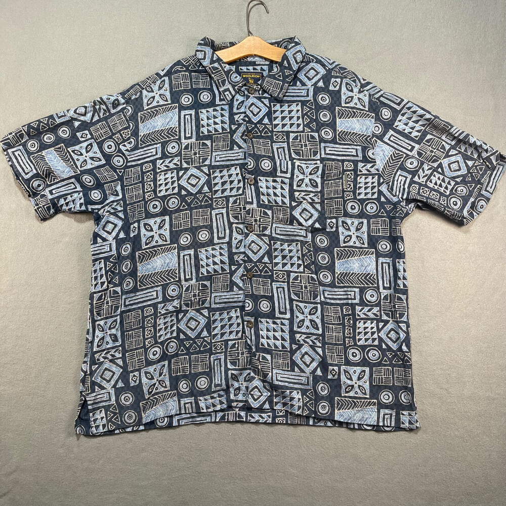VTG Woolrich Mens Button Down Short Sleeve XL Blue Midnight Tiki Rare Pattern